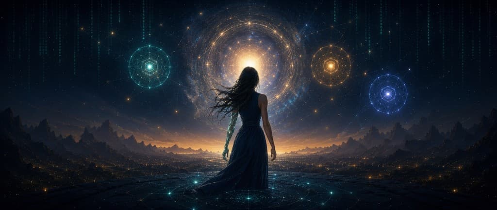 AYA de espaldas ante los Umbrales del Universo; portales geométricos y ciudad de luces